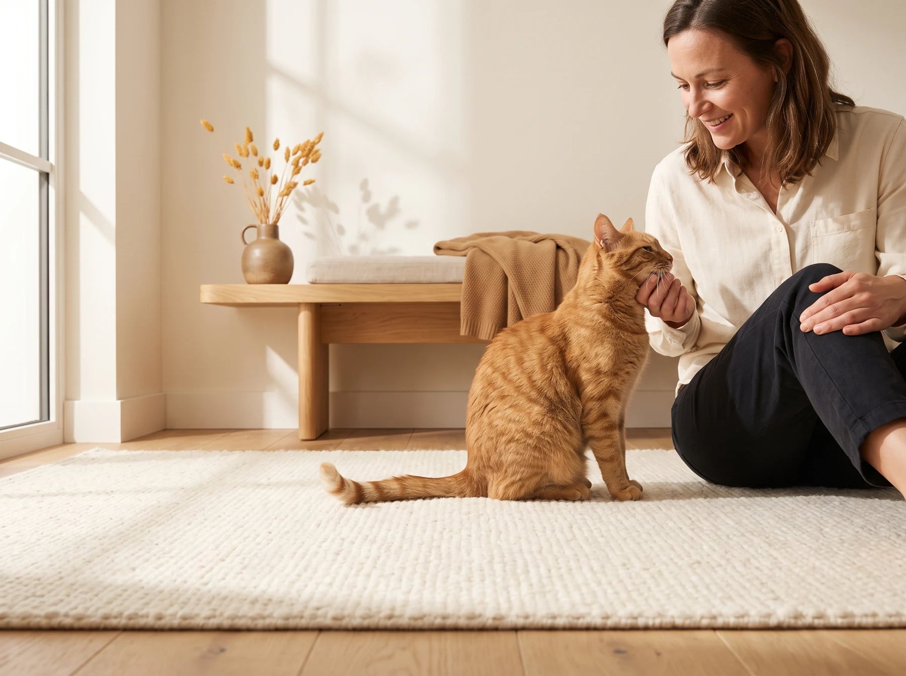 A ginger cat leaning into its owner's hand in a sunlit home