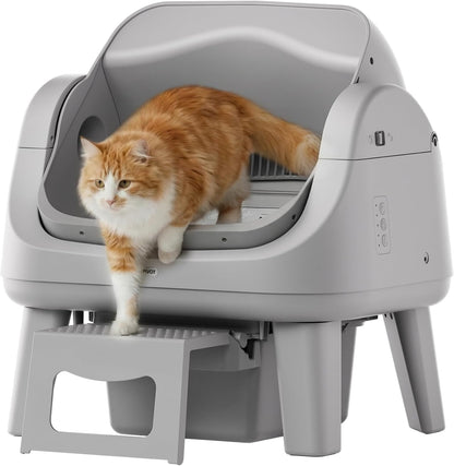 PetPivot Open Top Self Cleaning Cat Litter Box, App-Free Automatic Litter Box with Triple Safety Sensors, Anti-Stick Clumping System & Easy-Access Step for Senior Cats, White Grey