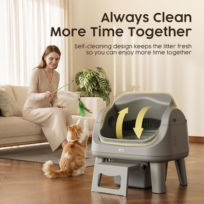 PetPivot Open Top Self Cleaning Cat Litter Box, App-Free Automatic Litter Box with Triple Safety Sensors, Anti-Stick Clumping System & Easy-Access Step for Senior Cats, White Grey