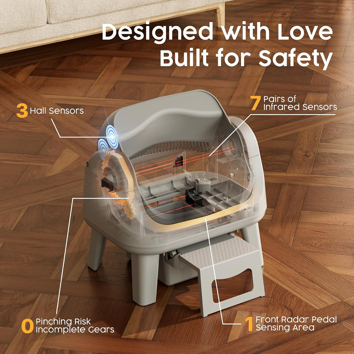 PetPivot Open Top Self Cleaning Cat Litter Box, App-Free Automatic Litter Box with Triple Safety Sensors, Anti-Stick Clumping System & Easy-Access Step for Senior Cats, White Grey