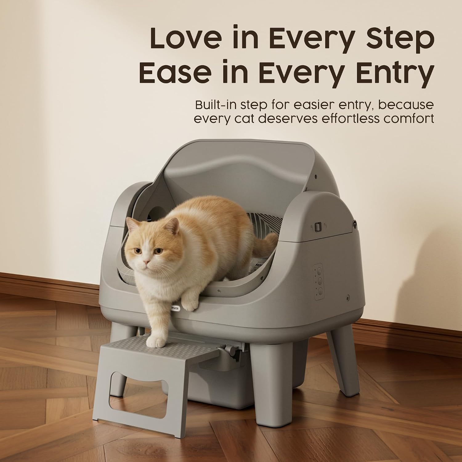 PetPivot Open Top Self Cleaning Cat Litter Box, App-Free Automatic Litter Box with Triple Safety Sensors, Anti-Stick Clumping System & Easy-Access Step for Senior Cats, White Grey