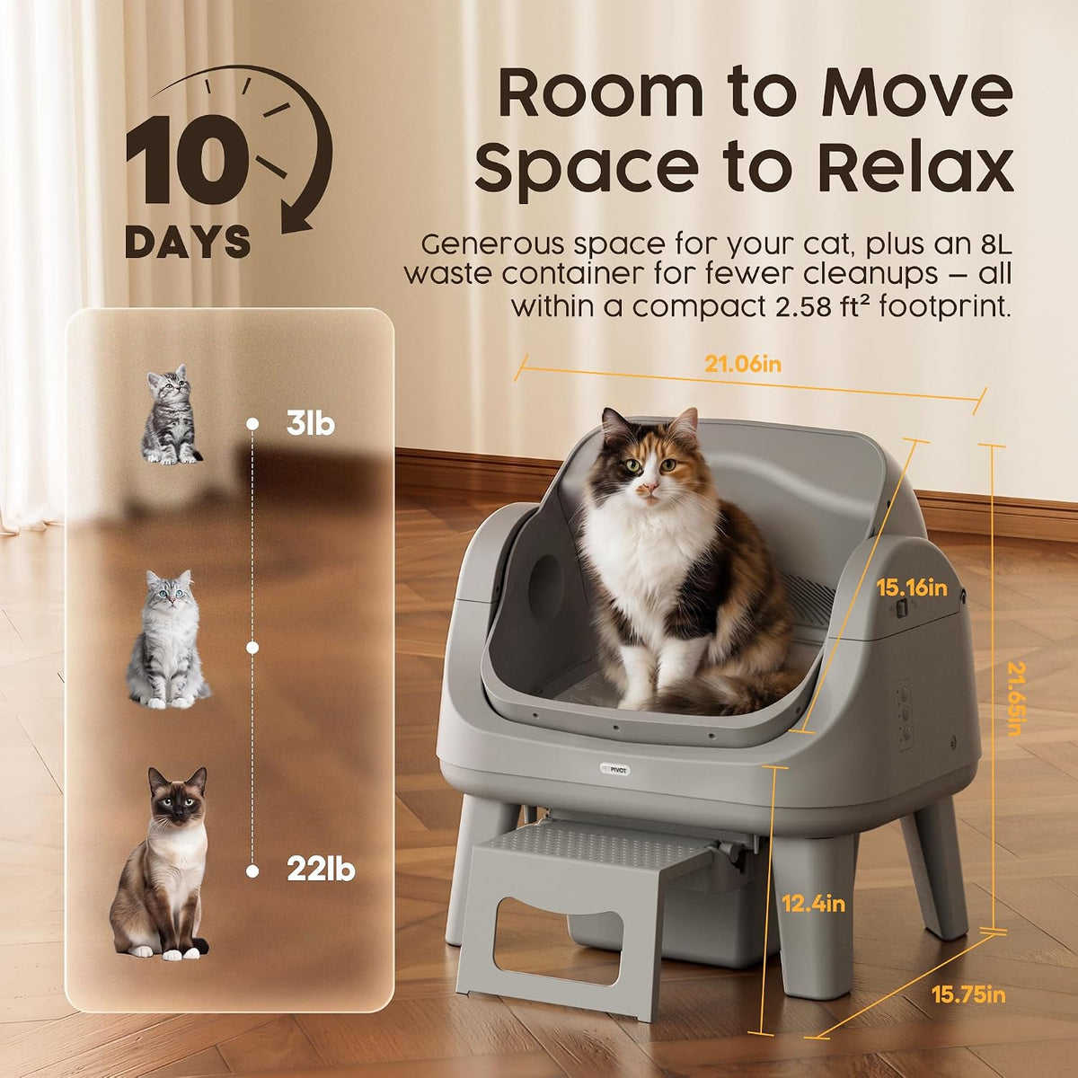 PetPivot Open Top Self Cleaning Cat Litter Box, App-Free Automatic Litter Box with Triple Safety Sensors, Anti-Stick Clumping System & Easy-Access Step for Senior Cats, White Grey