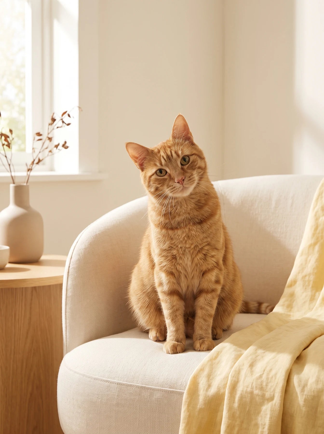 A relaxed ginger cat on a cream chair beside a sunlit window