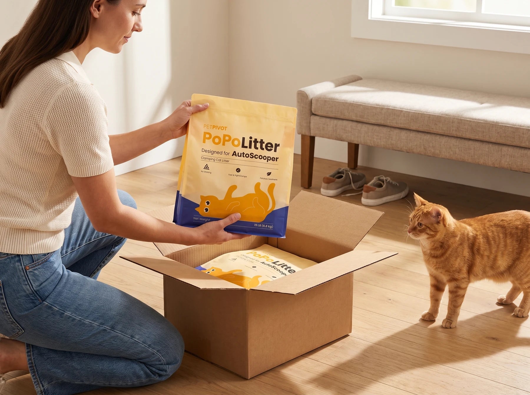 An owner unpacking a PetPivot refill delivery with a curious cat nearby